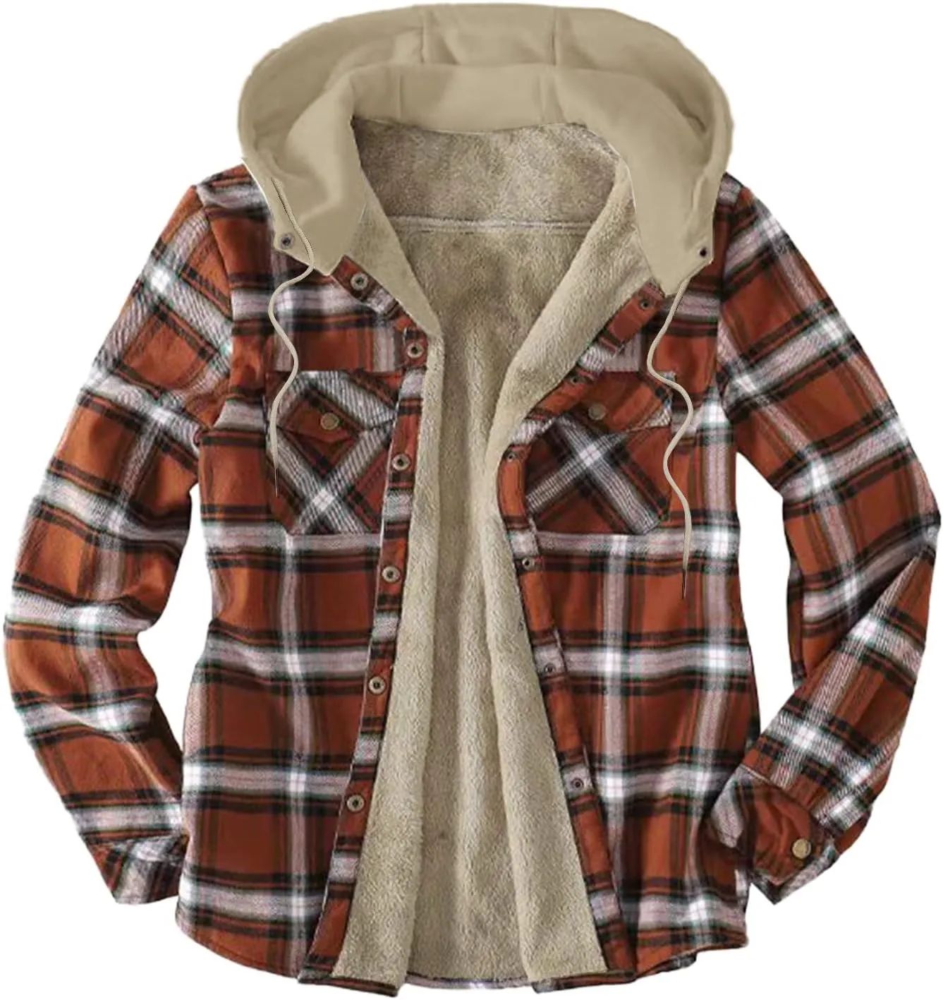 LCMTWX Men's Cotton Plaid Shirts Jacket Print Hooded Zipper Pocket Long Sleeve Shirt Patchwork Soft Warm Coat for Men with
