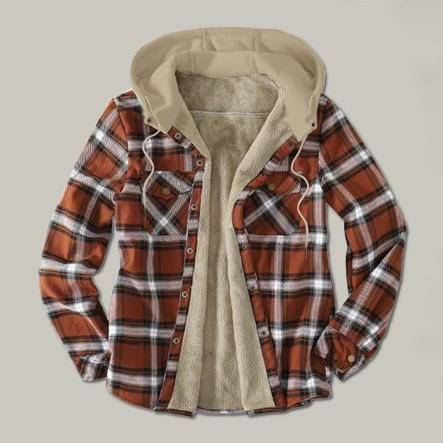 LCMTWX Men's Cotton Plaid Shirts Jacket Print Hooded Zipper Pocket Long Sleeve Shirt Patchwork Soft Warm Coat for Men with