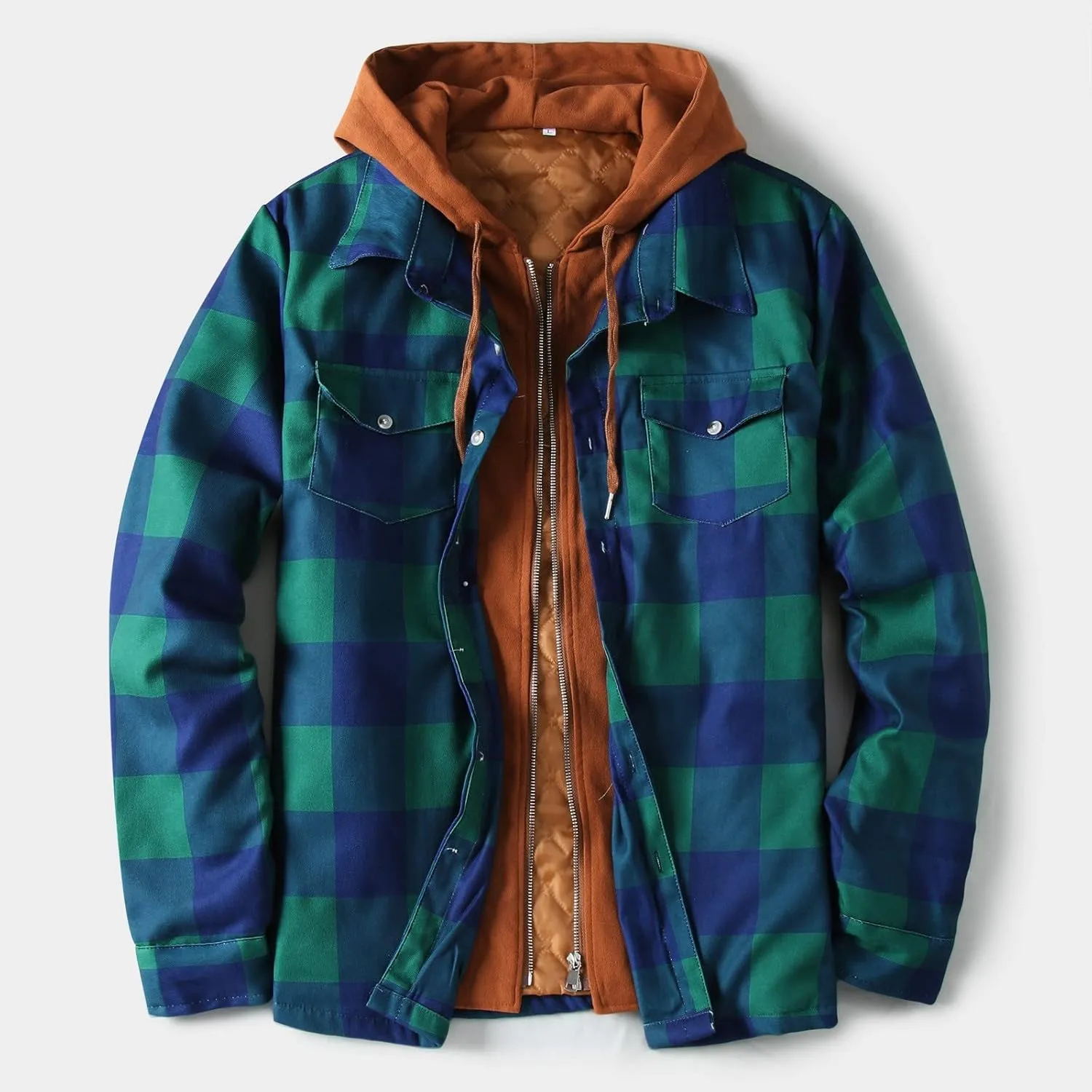 LCMTWX Mens Flannel Jacket Casual Plaid Print Lapel Button Down Pocket Long Sleeve Shirt Patchwork Jacket Thickened ​Coat