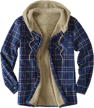 LCMTWX Mens Plaid Jacket And Autumn Retro Print Hooded Zipper Pocket Long Sleeve Shirt Patchwork Jacket Casual Long Sherpa