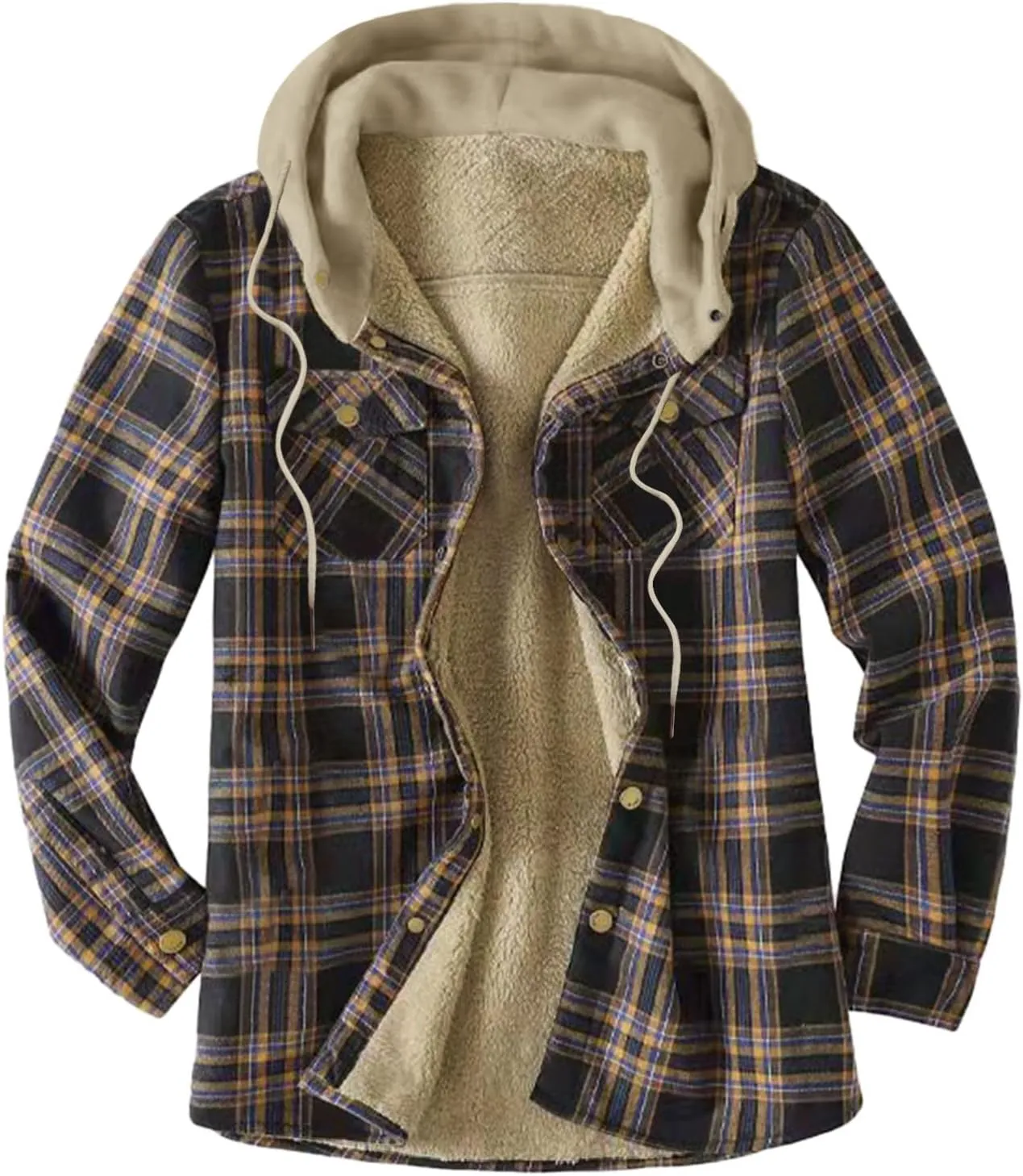 LCMTWX Mens Plaid Jacket And Autumn Retro Print Hooded Zipper Pocket Long Sleeve Shirt Patchwork Jacket Casual Long Sherpa