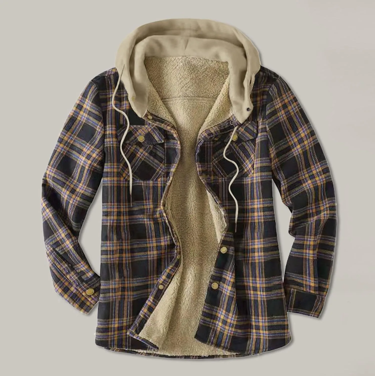 LCMTWX Mens Plaid Jacket And Autumn Retro Print Hooded Zipper Pocket Long Sleeve Shirt Patchwork Jacket Casual Long Sherpa