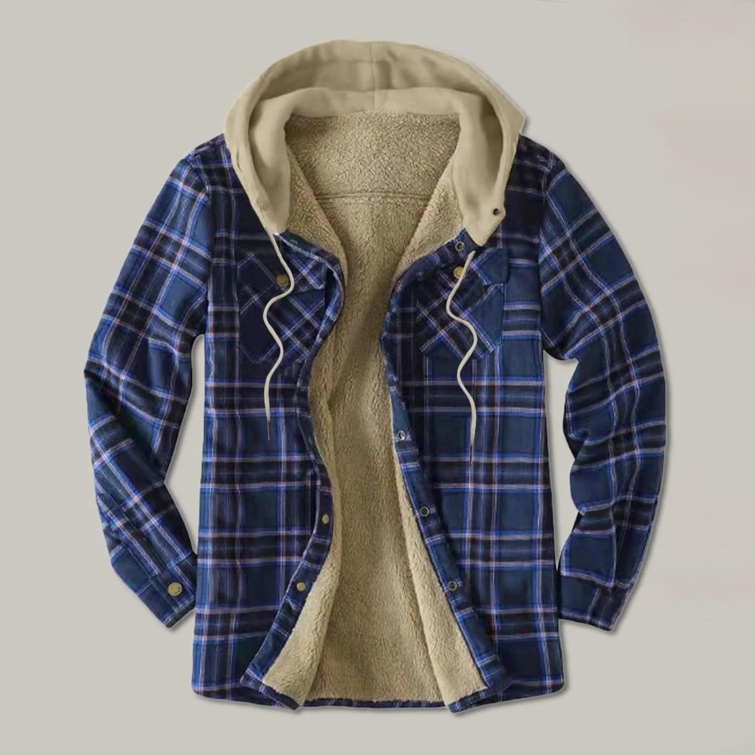 LCMTWX Mens Plaid Jacket And Autumn Retro Print Hooded Zipper Pocket Long Sleeve Shirt Patchwork Jacket Casual Long Sherpa
