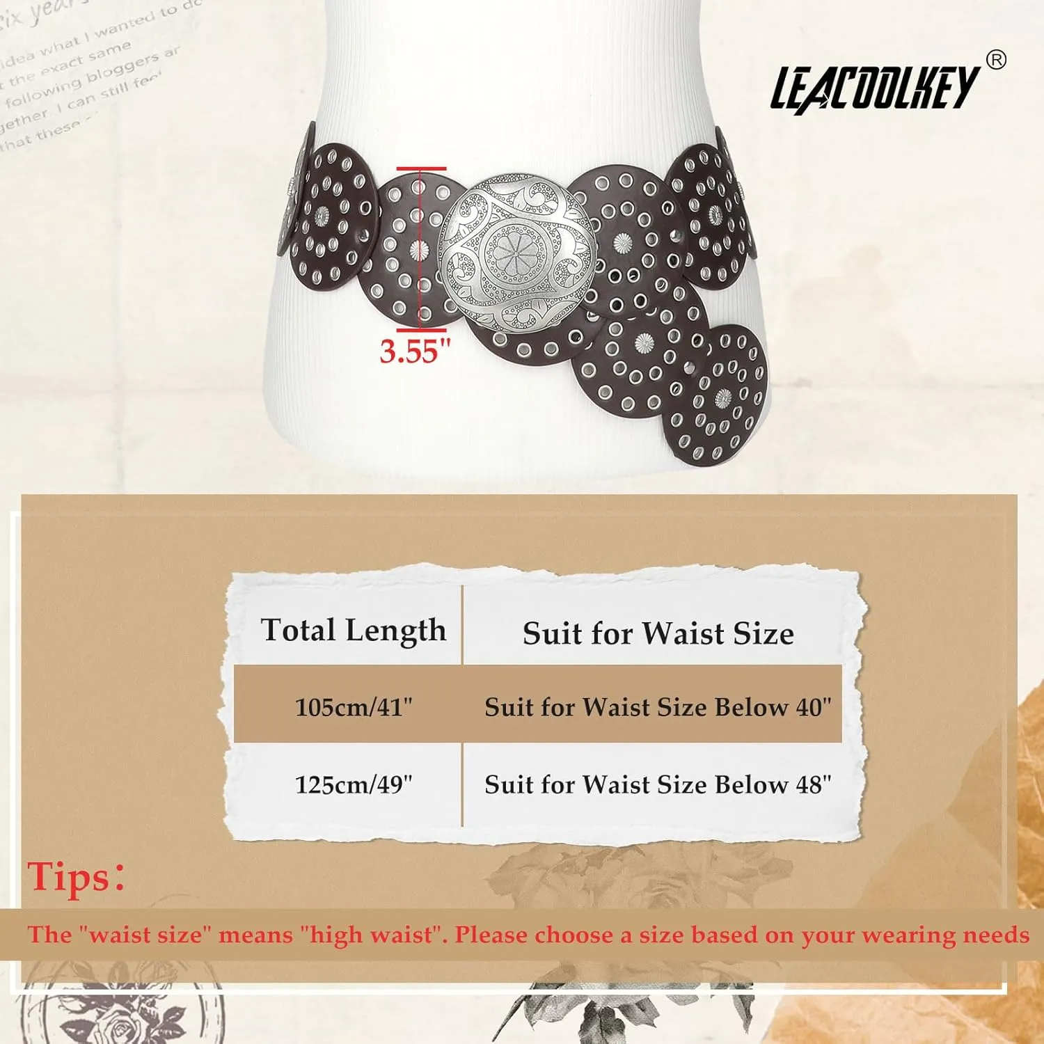 LEACOOLKEY Women Western Leather Belt Boho Dics Conch Waist Belt for Dress Jeans