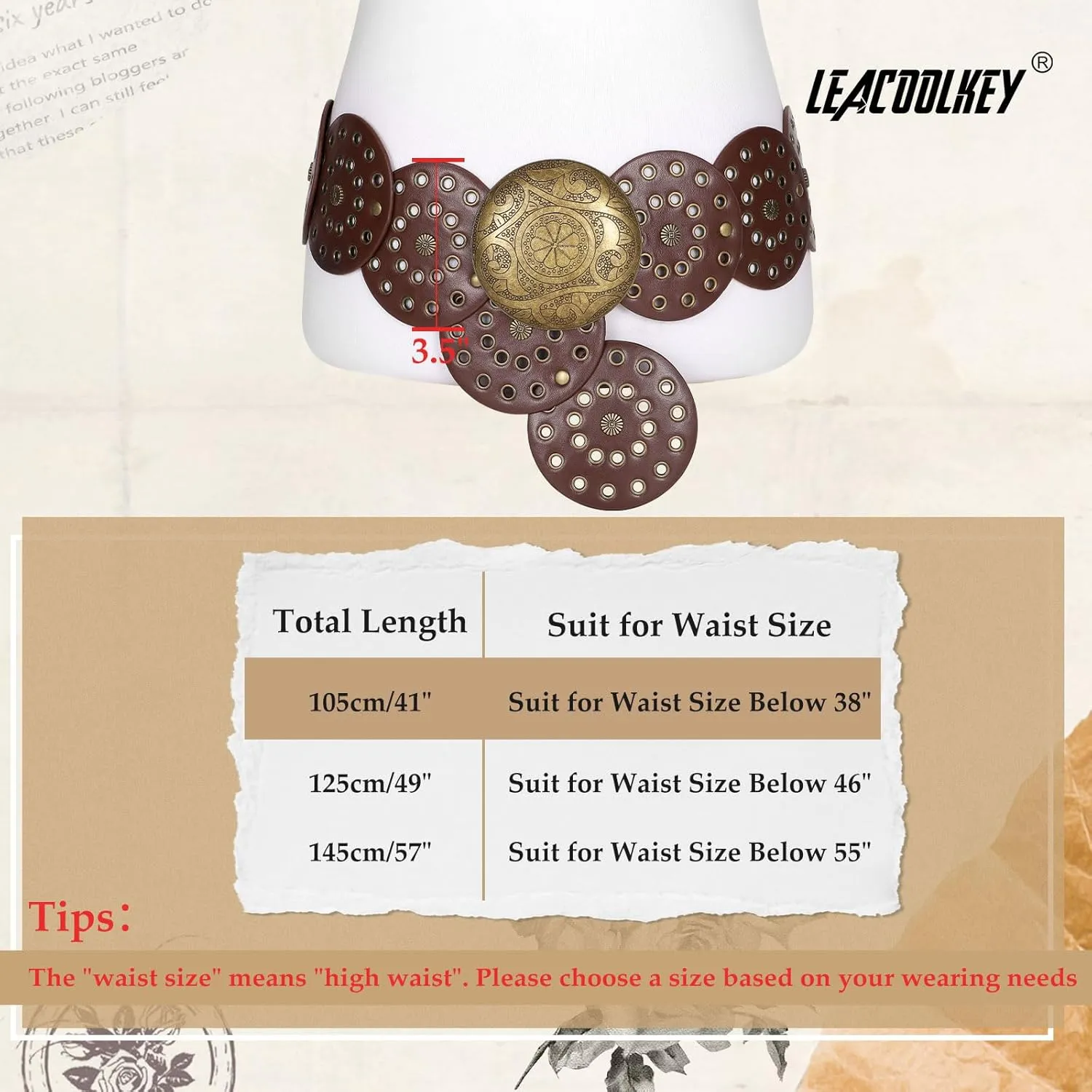 LEACOOLKEY Women Western Leather Belt Boho Dics Conch Waist Belt for Dress Jeans