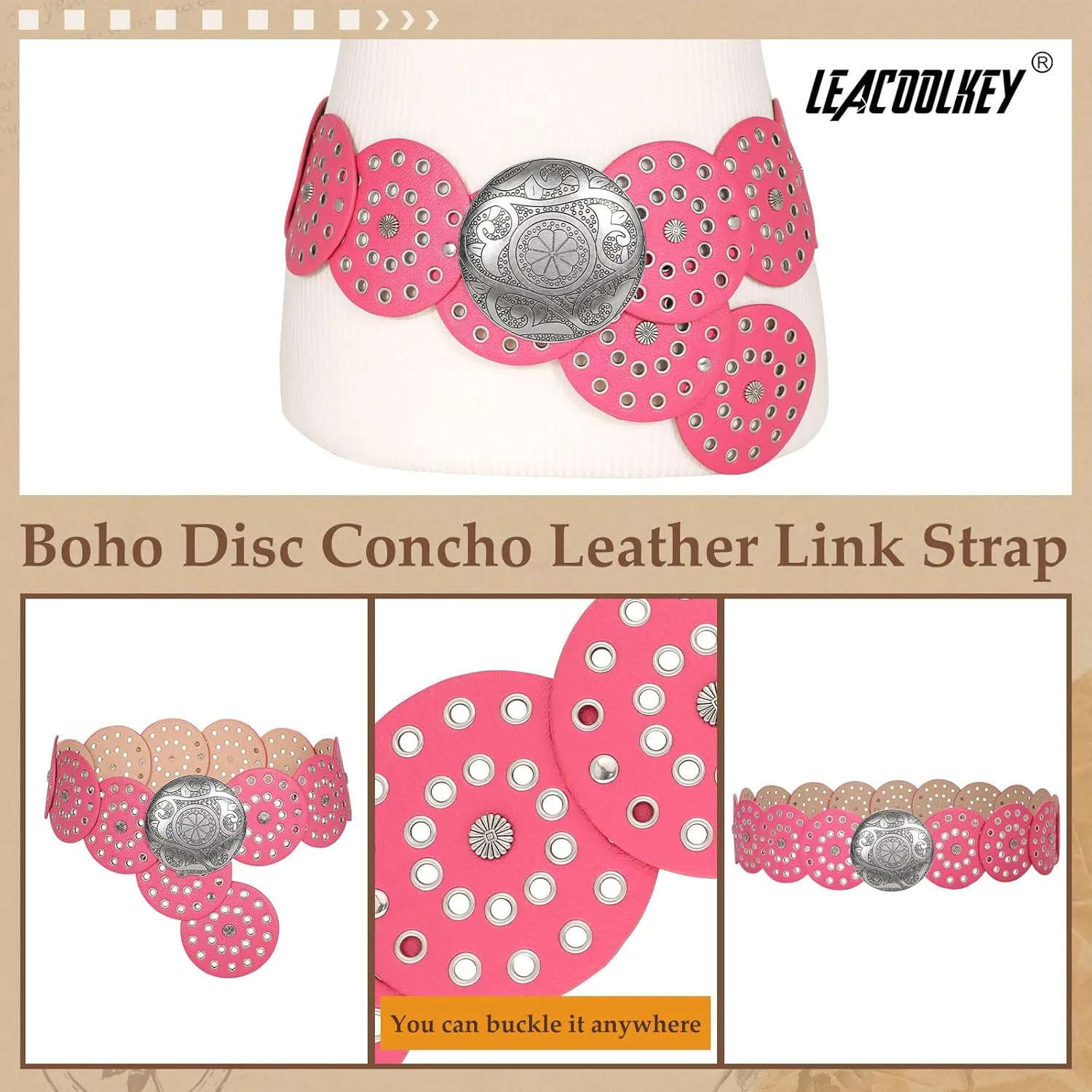 LEACOOLKEY Women Western Leather Belt Boho Dics Conch Waist Belt for Dress Jeans