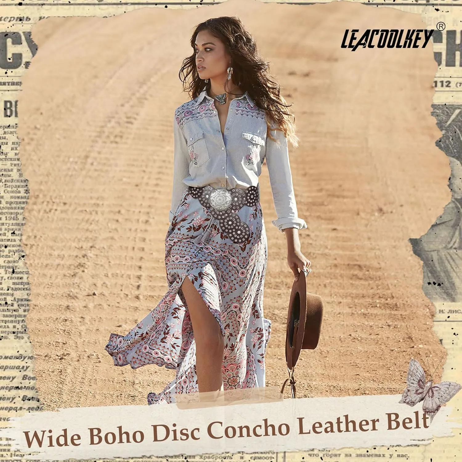 LEACOOLKEY Women Western Leather Belt Boho Dics Conch Waist Belt for Dress Jeans