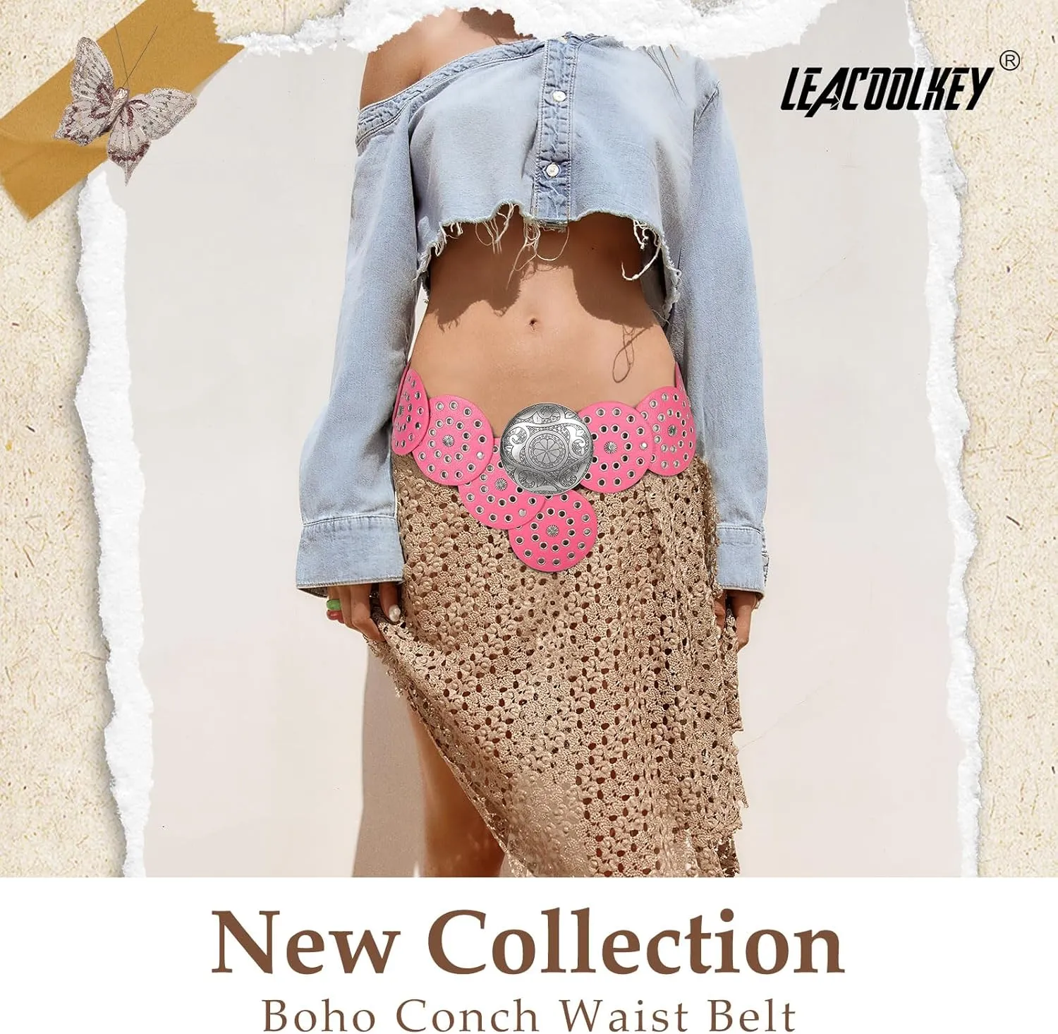 LEACOOLKEY Women Western Leather Belt Boho Dics Conch Waist Belt for Dress Jeans