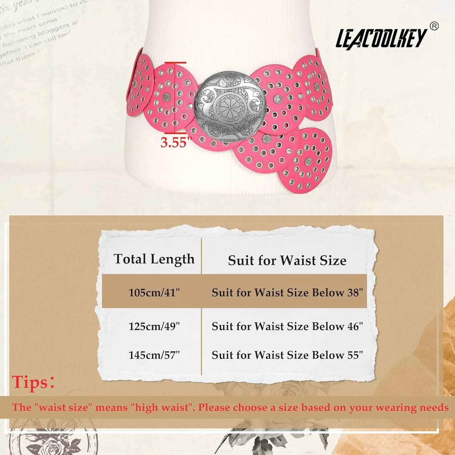 LEACOOLKEY Women Western Leather Belt Boho Dics Conch Waist Belt for Dress Jeans