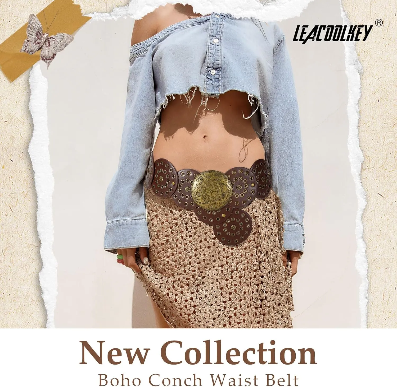 LEACOOLKEY Women Western Leather Belt Boho Dics Conch Waist Belt for Dress Jeans