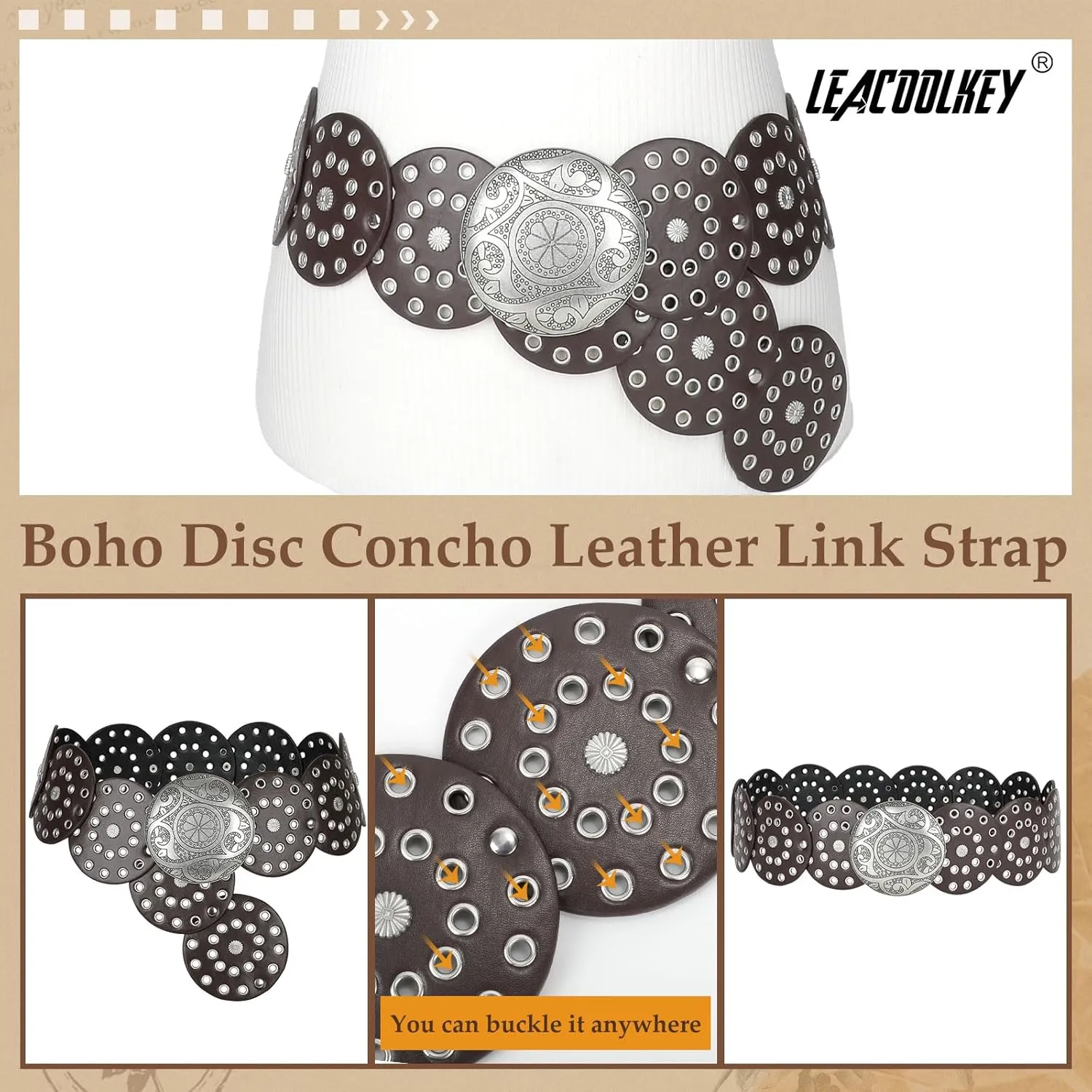 LEACOOLKEY Women Western Leather Belt Boho Dics Conch Waist Belt for Dress Jeans