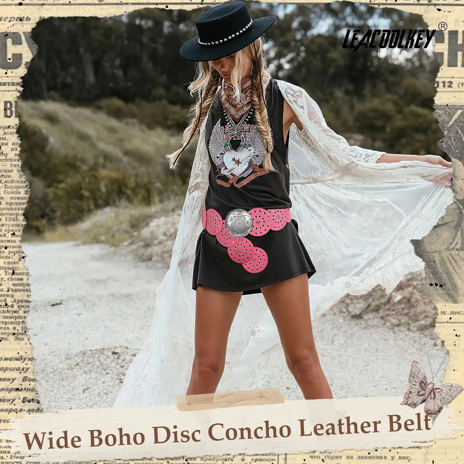 LEACOOLKEY Women Western Leather Belt Boho Dics Conch Waist Belt for Dress Jeans