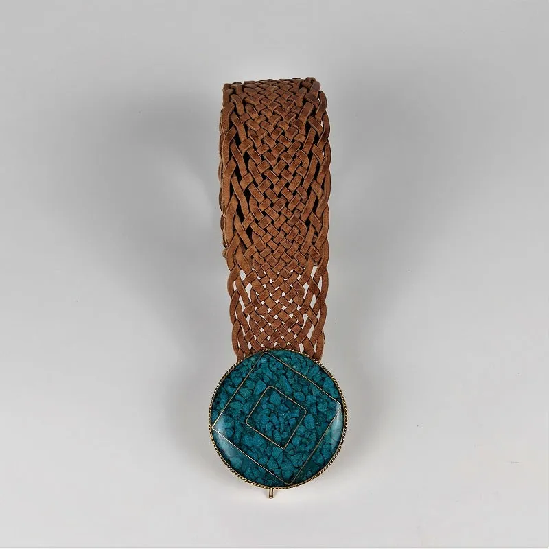Leather Boho belt with turquoise XL buckle