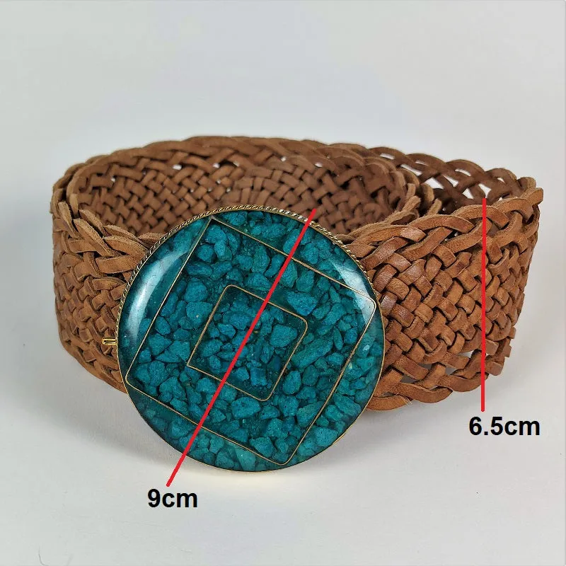 Leather Boho belt with turquoise XL buckle