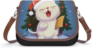 Leather Crossbody Bags, Cute Cat Sing Christmas Carols Women Crossbody Bag,Leather Flapover Crossbody Purse with Adjustable Strap & Flip