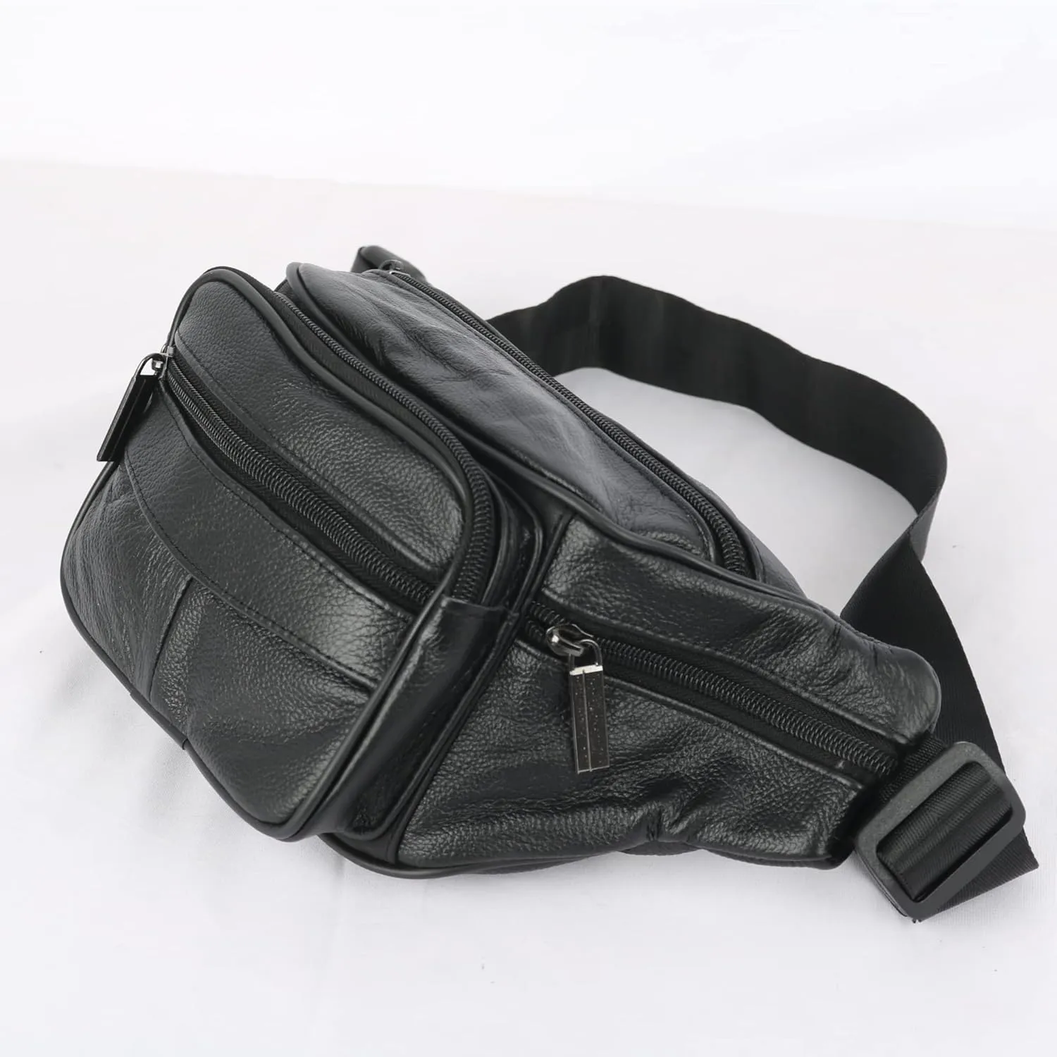 leather Fanny pack, Outdoor travel waist Pack Cowhide Leather Large Size 4 Pockets waist bag.Suitable for outdoor mountaineering, travel, camping, cycling, running, etc.（black-D）