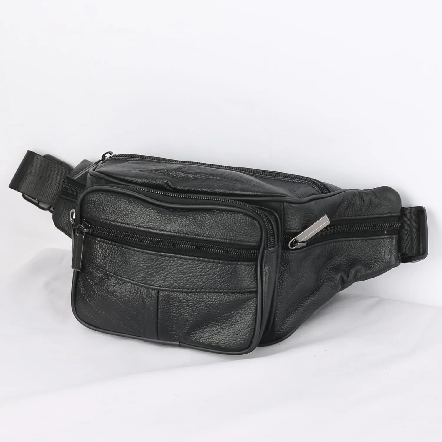 leather Fanny pack, Outdoor travel waist Pack Cowhide Leather Large Size 4 Pockets waist bag.Suitable for outdoor mountaineering, travel, camping, cycling, running, etc.（black-D）