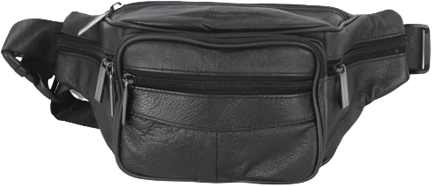 leather Fanny pack, Outdoor travel waist Pack Cowhide Leather Large Size 4 Pockets waist bag.Suitable for outdoor mountaineering, travel, camping, cycling, running, etc.（black-D）