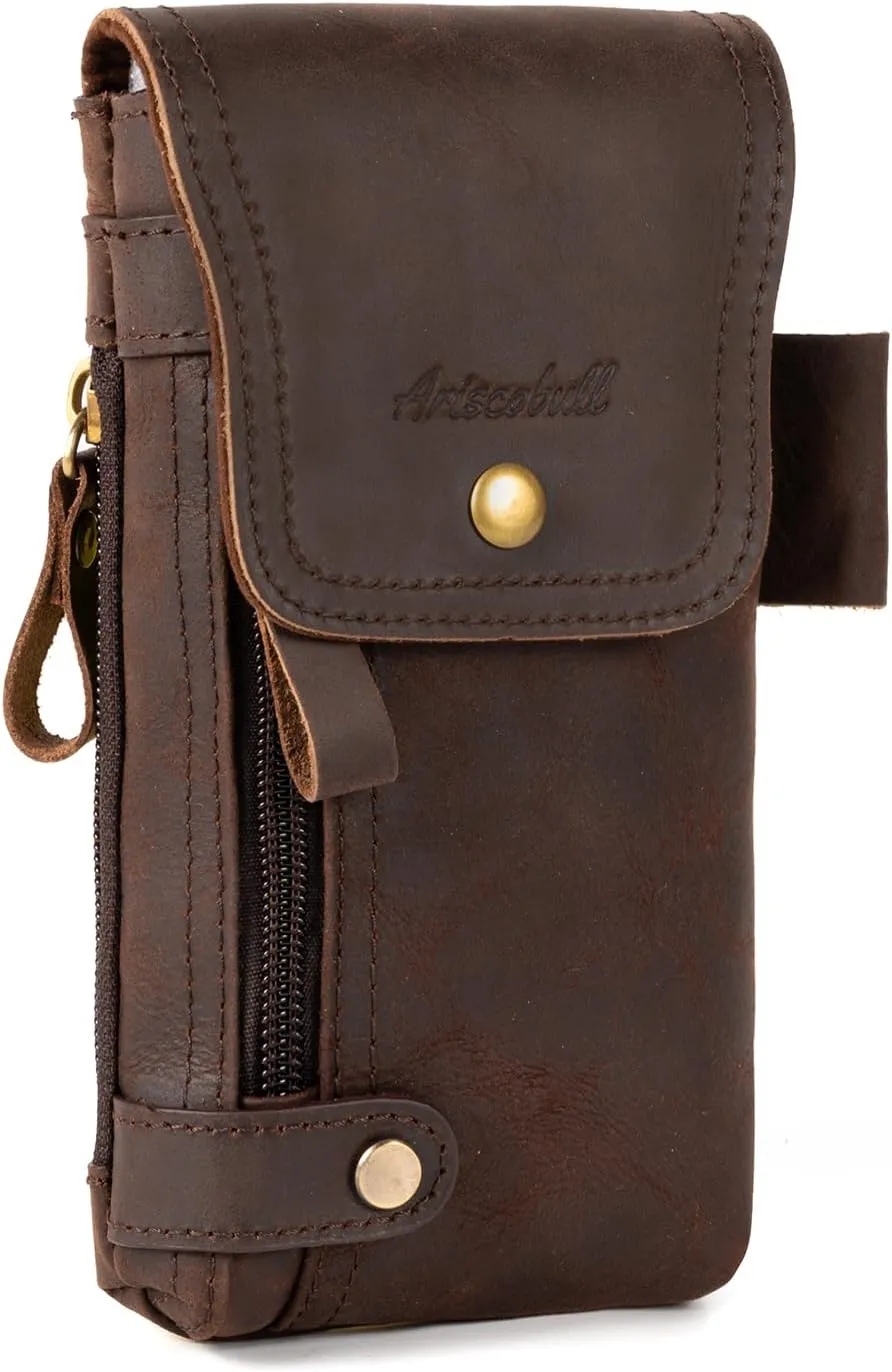 Leather Phone Holster - Genuine Full-Grain Buffalo Leather Cell Phone Holsters - for iPhone 16, 15, 14, 13pro, Galaxy S21, S22-7”H X 3.5" W (Dark Coffee)