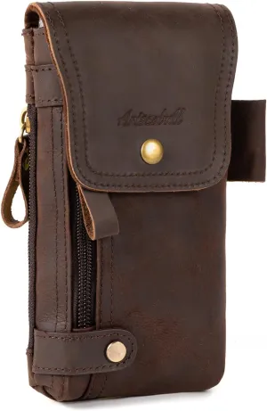 Leather Phone Holster - Genuine Full-Grain Buffalo Leather Cell Phone Holsters - for iPhone 16, 15, 14, 13pro, Galaxy S21, S22-7”H X 3.5" W (Dark Coffee)