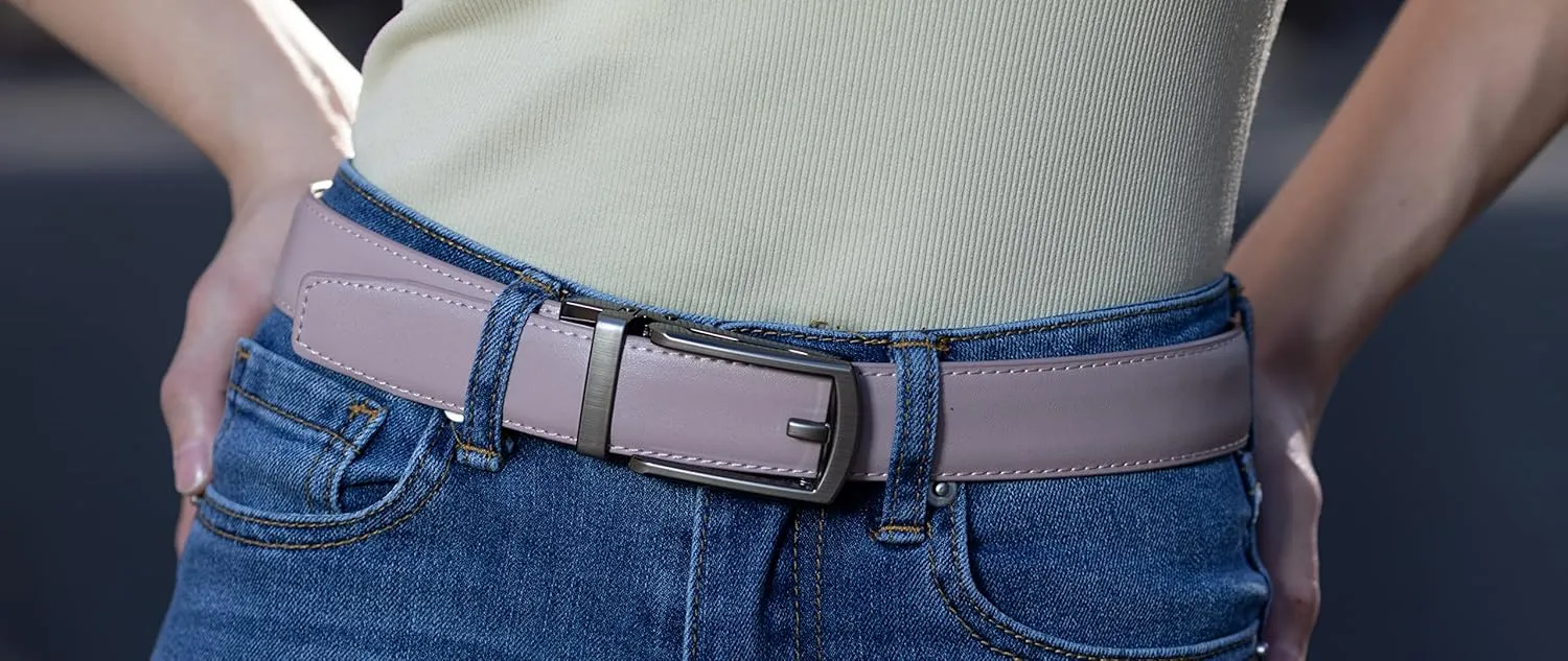 Leather Ratchet Belt for Women, Trim to Fit 18"- 44" Waist, Automatic Slide Buckle, No Holes, Gift Box