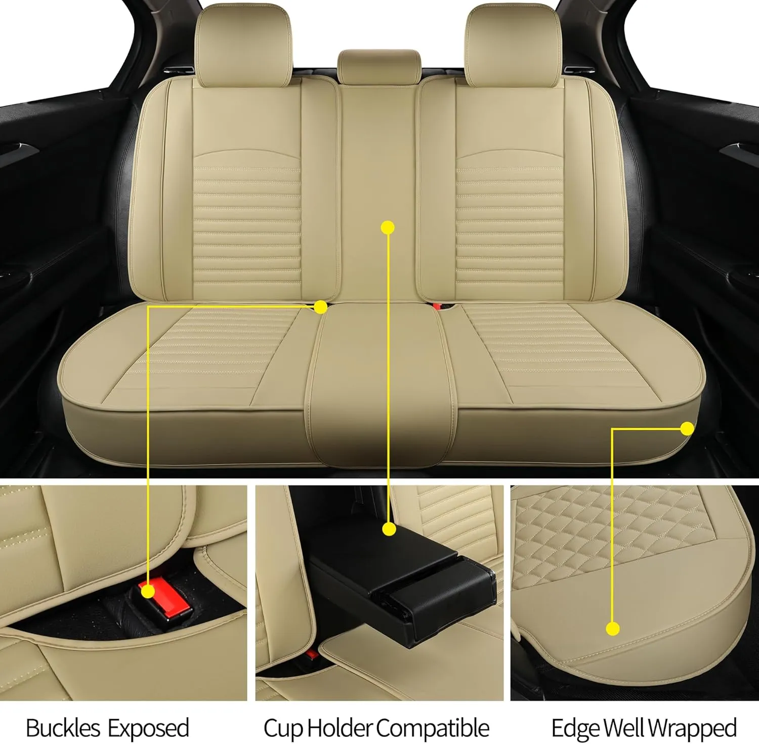 Leather Seat Covers for Cars,Car Seat Covers Full Set,Automotive Seat Covers for Trucks,SUV,Leatherette,Universal Fit,Airbag Compatible Vehicles Seats Cushions(Full Set,Beige)