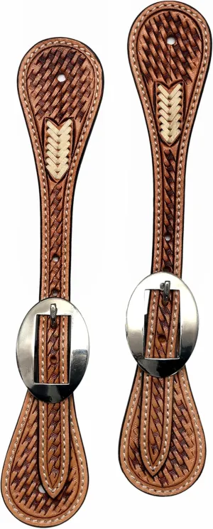 Leather Spur Strap Basket Tooled Design with Rawhide Weaving | Adjustable Single Ply Spur Strap| Western Style Equestrian Accessories | Durable and Stylish Men's and Women's Spur Straps