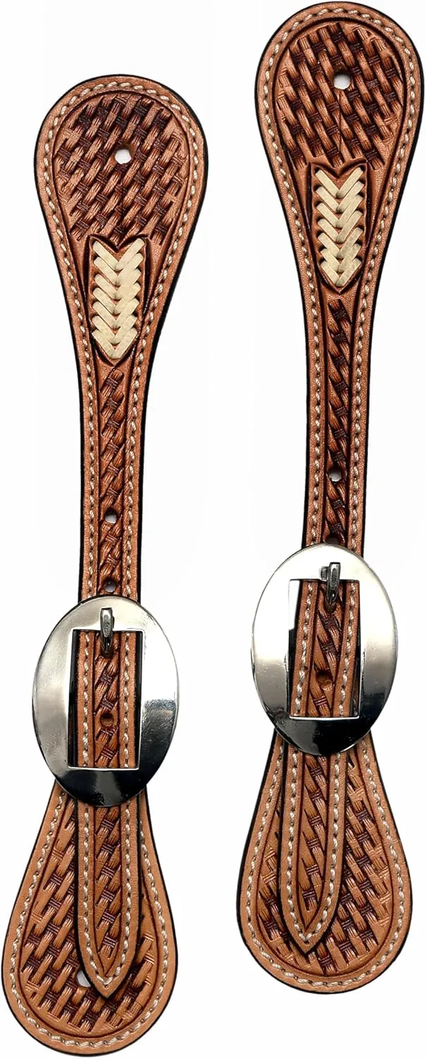 Leather Spur Strap Basket Tooled Design with Rawhide Weaving | Adjustable Single Ply Spur Strap| Western Style Equestrian Accessories | Durable and Stylish Men's and Women's Spur Straps