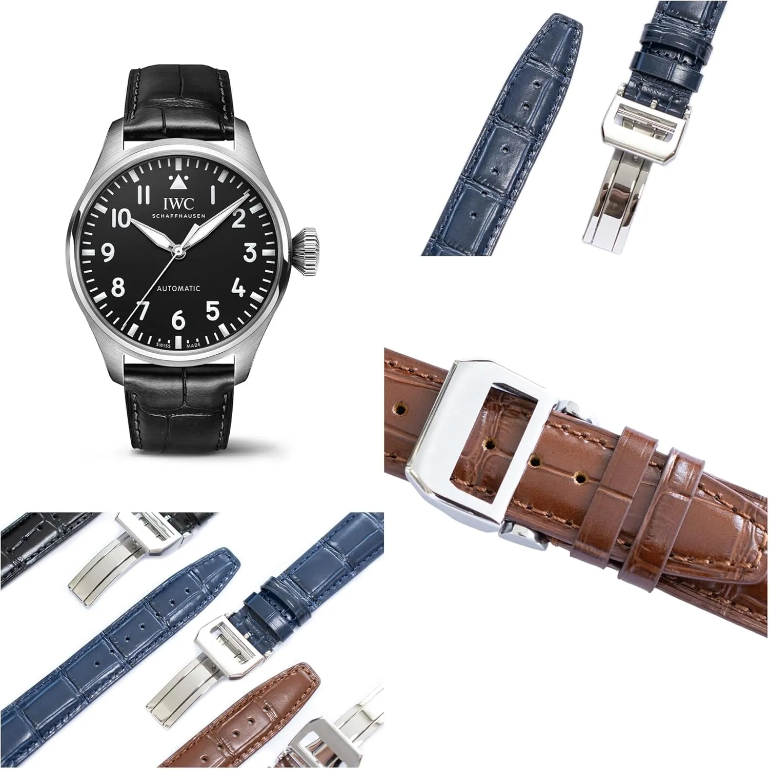 Leather Strap For IWC Big Pilot Watches, Croco Watch Band With Deployment Clasp For IWC Schaffhausen Pilot Watches