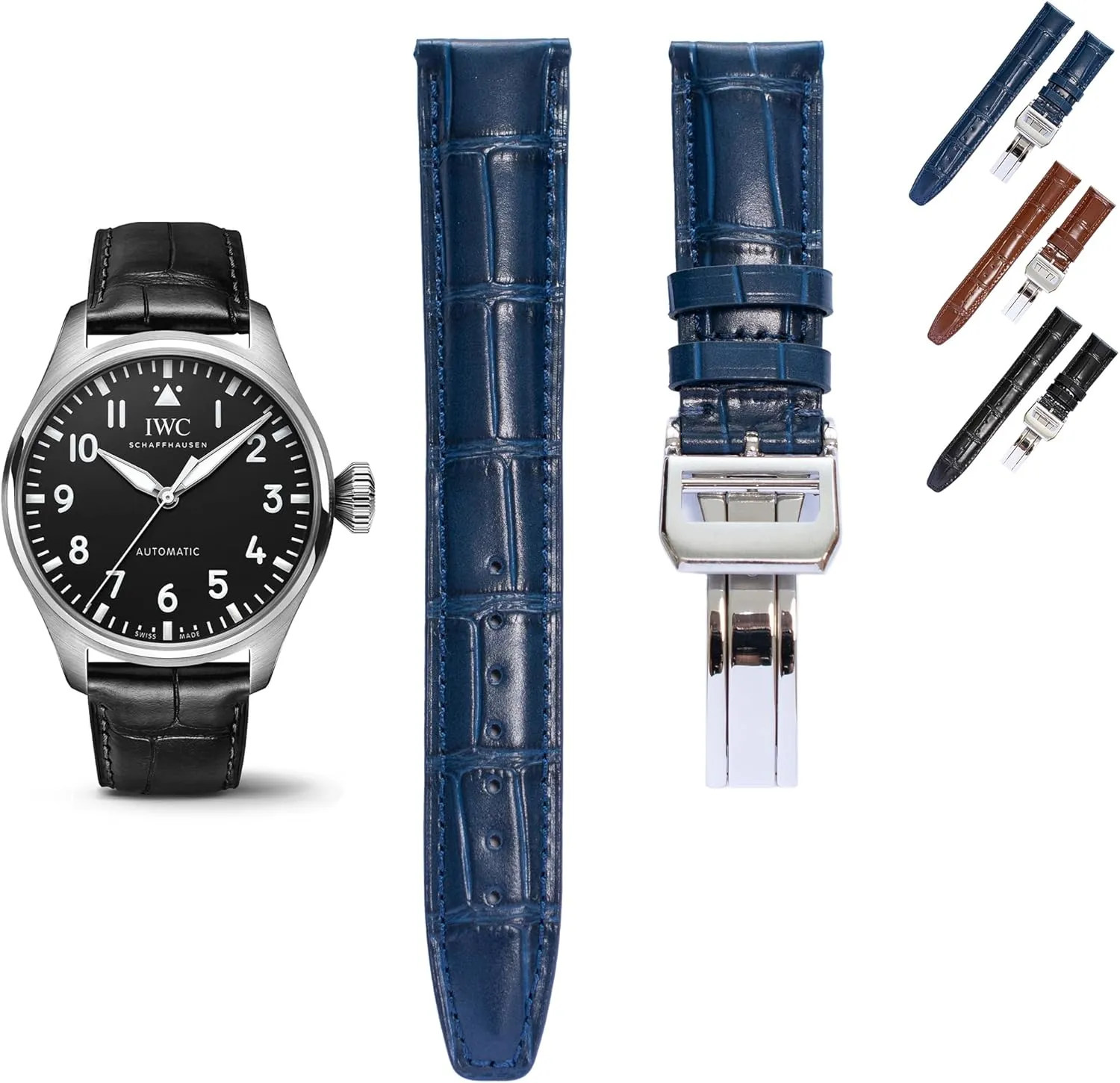Leather Strap For IWC Big Pilot Watches, Croco Watch Band With Deployment Clasp For IWC Schaffhausen Pilot Watches