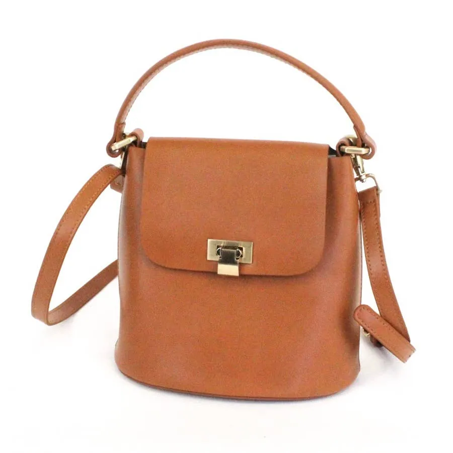 Leather Top Handle Flip Lock Crossbody Bag: Brown