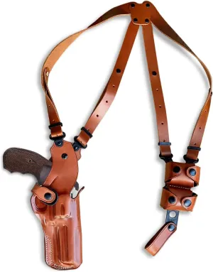 Leather Vertical Shoulder Holster System with Double Speed Loader, Fits Super Redhawk Alaskan Toklat .454 Casull 45 Colt 5" Barrel, Right Hand Draw, Brown Color #1484#