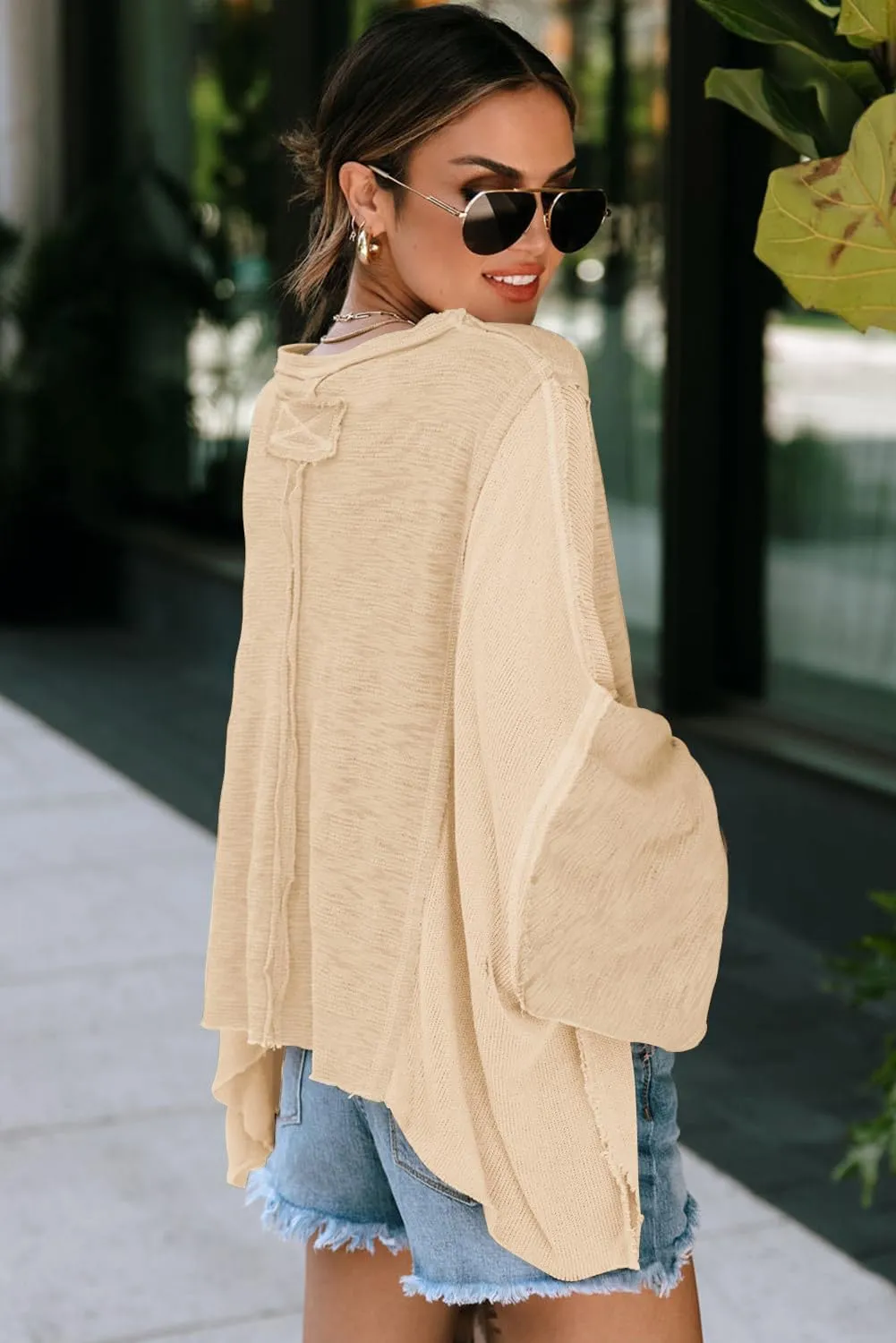 LEMAFER Women's Exposed Seam Chest Pocket Loose Sleeve Oversized Tunic Top Casual Solid Patchwork Long Sleeve Blouse