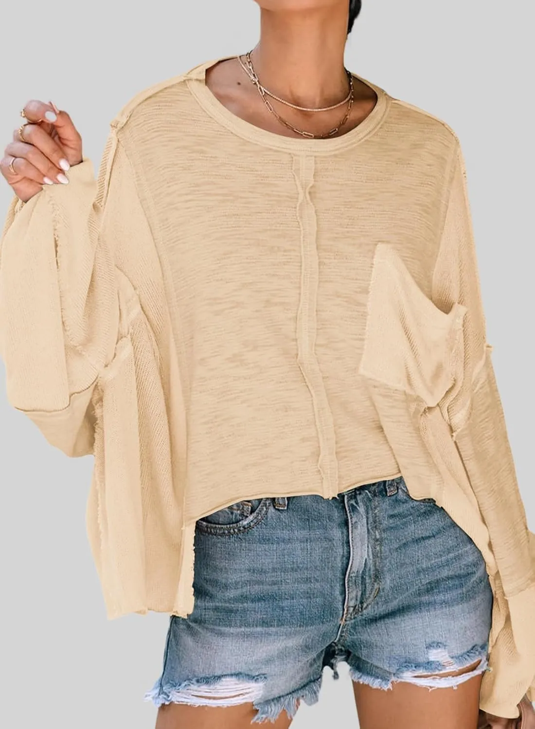 LEMAFER Women's Exposed Seam Chest Pocket Loose Sleeve Oversized Tunic Top Casual Solid Patchwork Long Sleeve Blouse