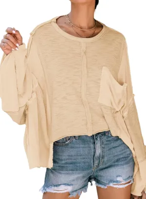 LEMAFER Women's Exposed Seam Chest Pocket Loose Sleeve Oversized Tunic Top Casual Solid Patchwork Long Sleeve Blouse