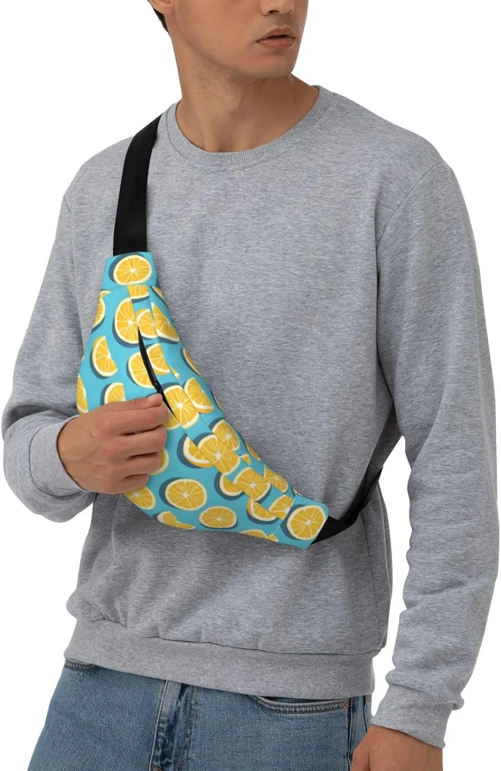 Lemon Wedges Print Large Crossbody Fanny Pack, Cute Waterproof Waist Pack Belt Bag For Men, Women, Stylish Running Accessory