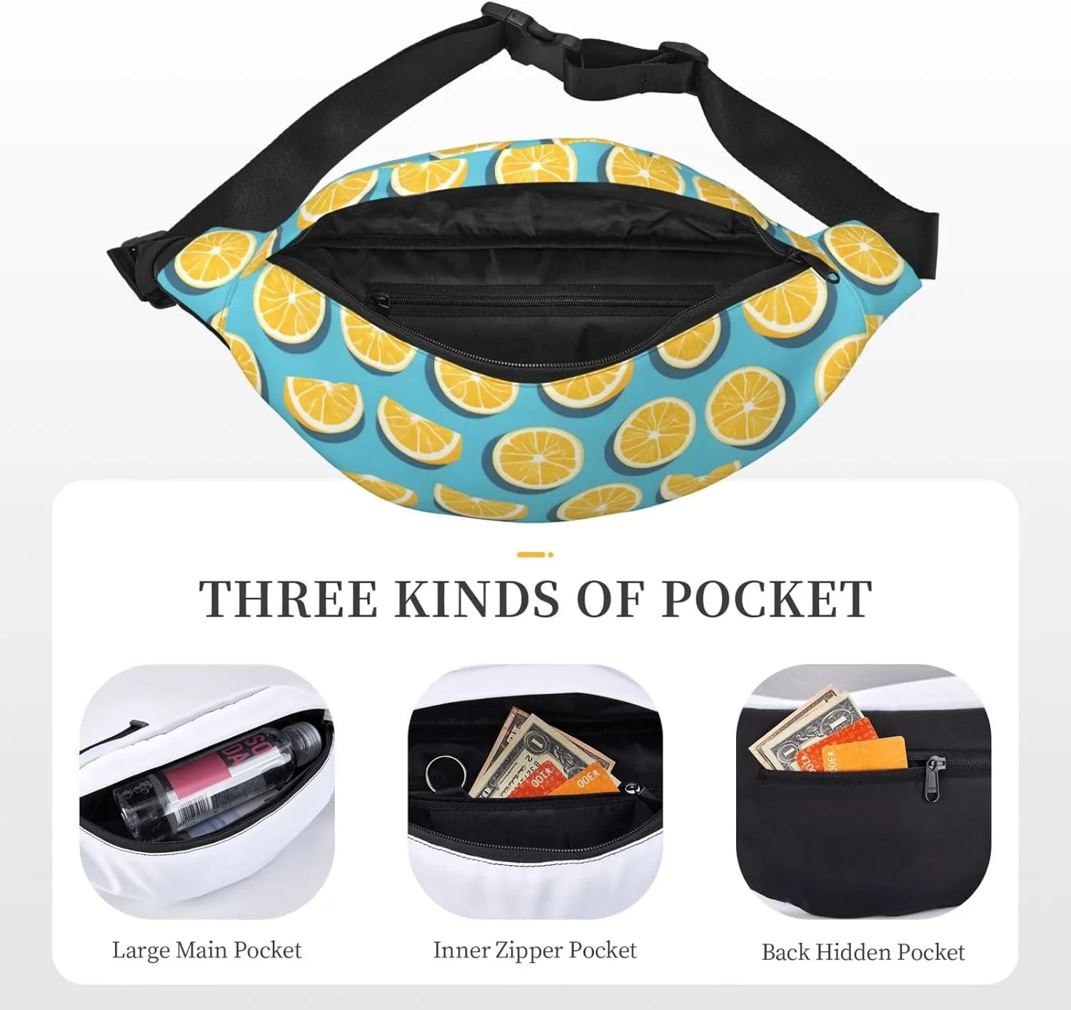 Lemon Wedges Print Large Crossbody Fanny Pack, Cute Waterproof Waist Pack Belt Bag For Men, Women, Stylish Running Accessory