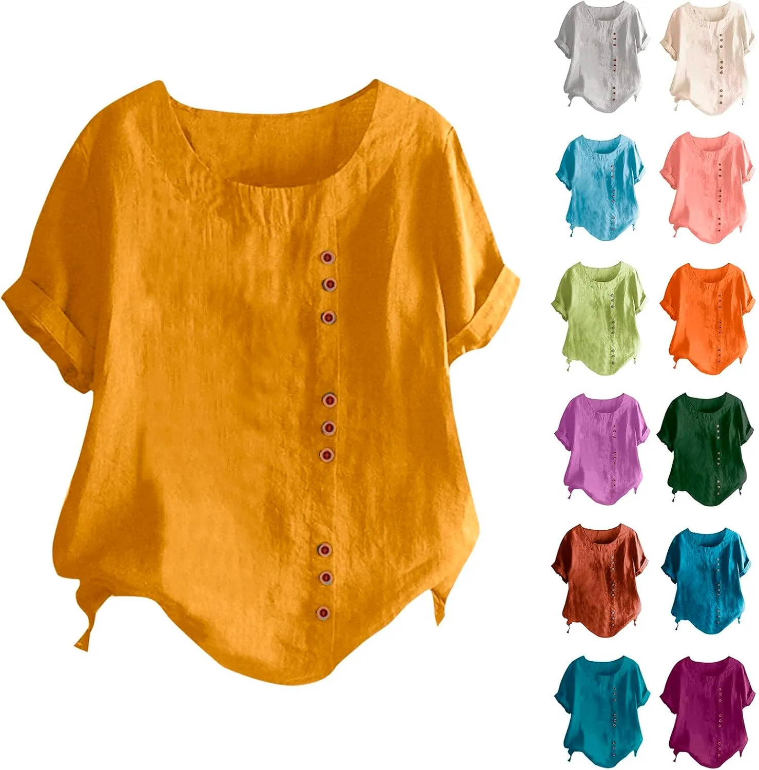 Linen Shirts for Women 2025 Summer Cotton Linen Tops Loose Fit Casual Roll Up Short Sleeve T-Shirt Trendy Blouse