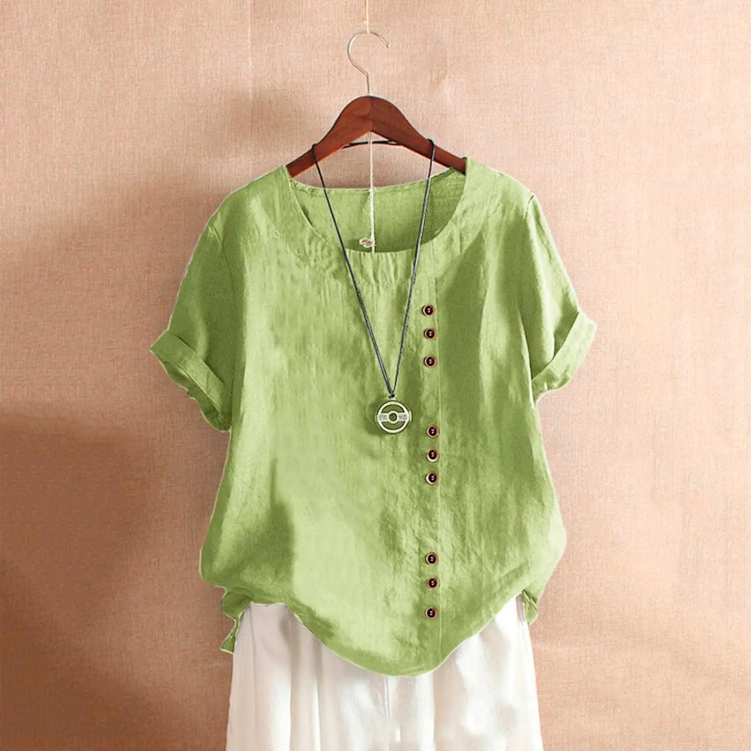 Linen Shirts for Women 2025 Summer Cotton Linen Tops Loose Fit Casual Roll Up Short Sleeve T-Shirt Trendy Blouse