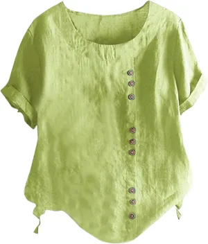 Linen Shirts for Women 2025 Summer Cotton Linen Tops Loose Fit Casual Roll Up Short Sleeve T-Shirt Trendy Blouse