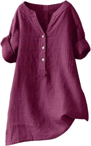 Linen Shirts for Women Plus Size Roll Up Short Sleeve V Neck Button Down Shirt 2025 Trendy Summer Casual Tops Blouse