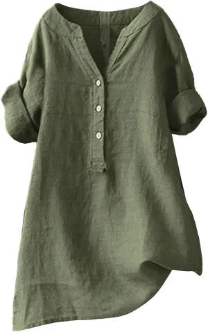 Linen Shirts for Women Plus Size Roll Up Short Sleeve V Neck Button Down Shirt 2025 Trendy Summer Casual Tops Blouse