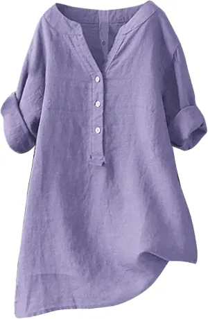 Linen Shirts for Women Plus Size Roll Up Short Sleeve V Neck Button Down Shirt 2025 Trendy Summer Casual Tops Blouse