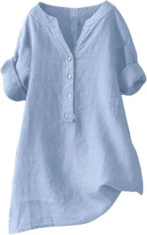 Linen Shirts for Women Plus Size Roll Up Short Sleeve V Neck Button Down Shirt 2025 Trendy Summer Casual Tops Blouse