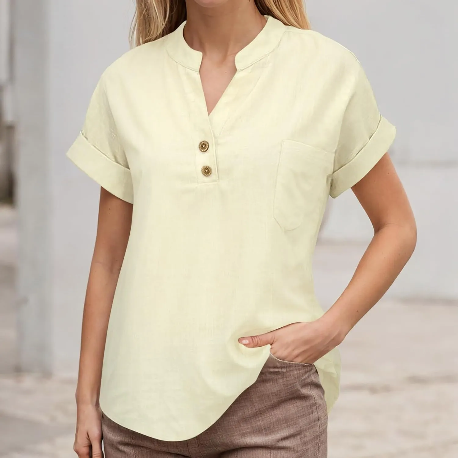 Linen Shirts for Women Plus Size Summer Loose Fit Button Down Shirts Roll Up Sleeve Tops Cotton Linen Work Blouses