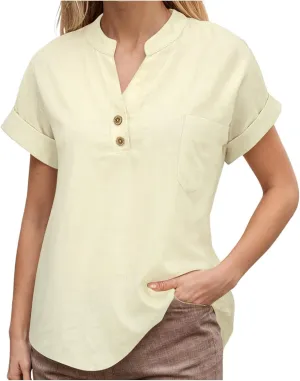 Linen Shirts for Women Plus Size Summer Loose Fit Button Down Shirts Roll Up Sleeve Tops Cotton Linen Work Blouses