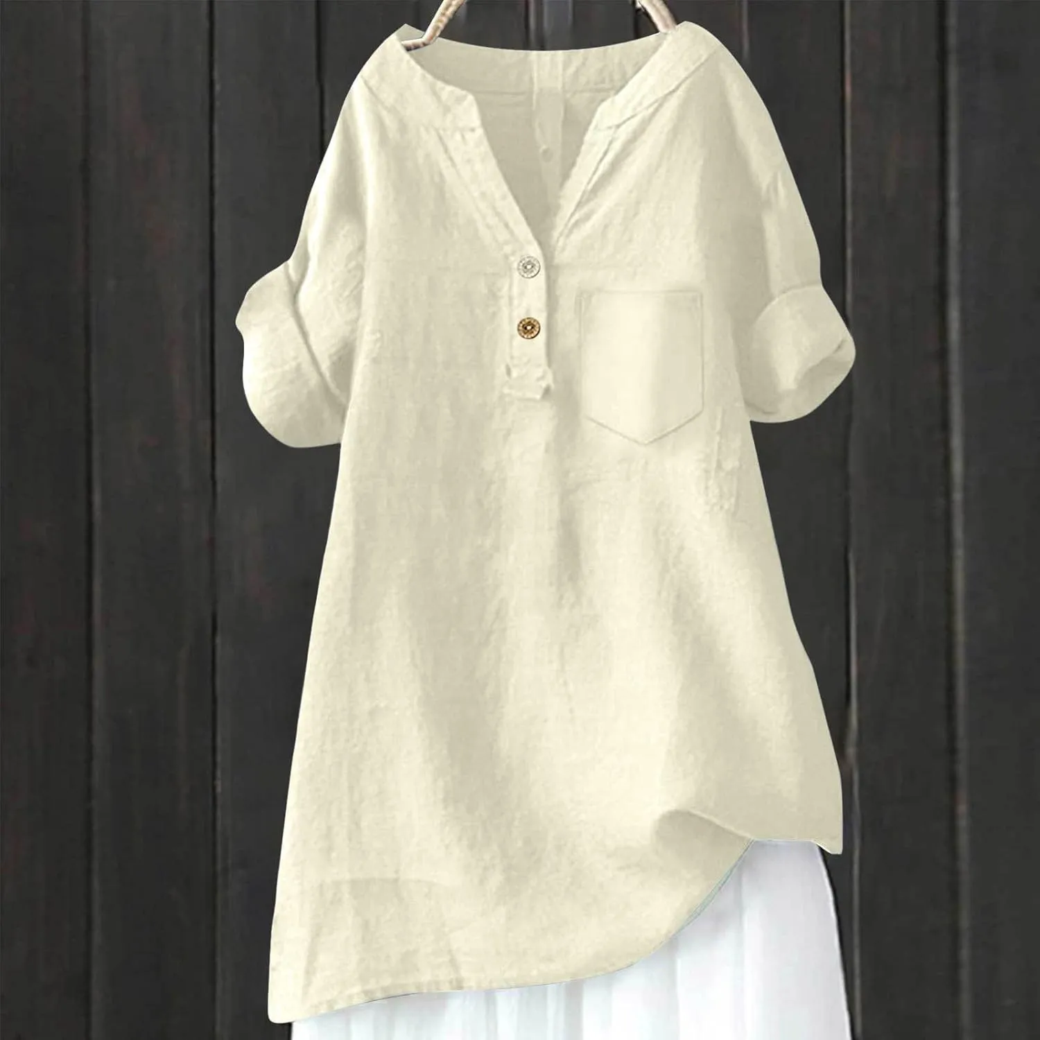 Linen Shirts for Women Plus Size Summer Loose Fit Button Down Shirts Roll Up Sleeve Tops Cotton Linen Work Blouses