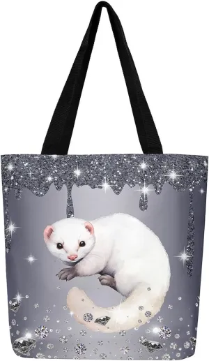 Little Cat Canvas Tote Bag,Sequin Fluid Art Travel Shopping Bag,Diamond Handbag Cute Pet Animal Kawaii Room Decor