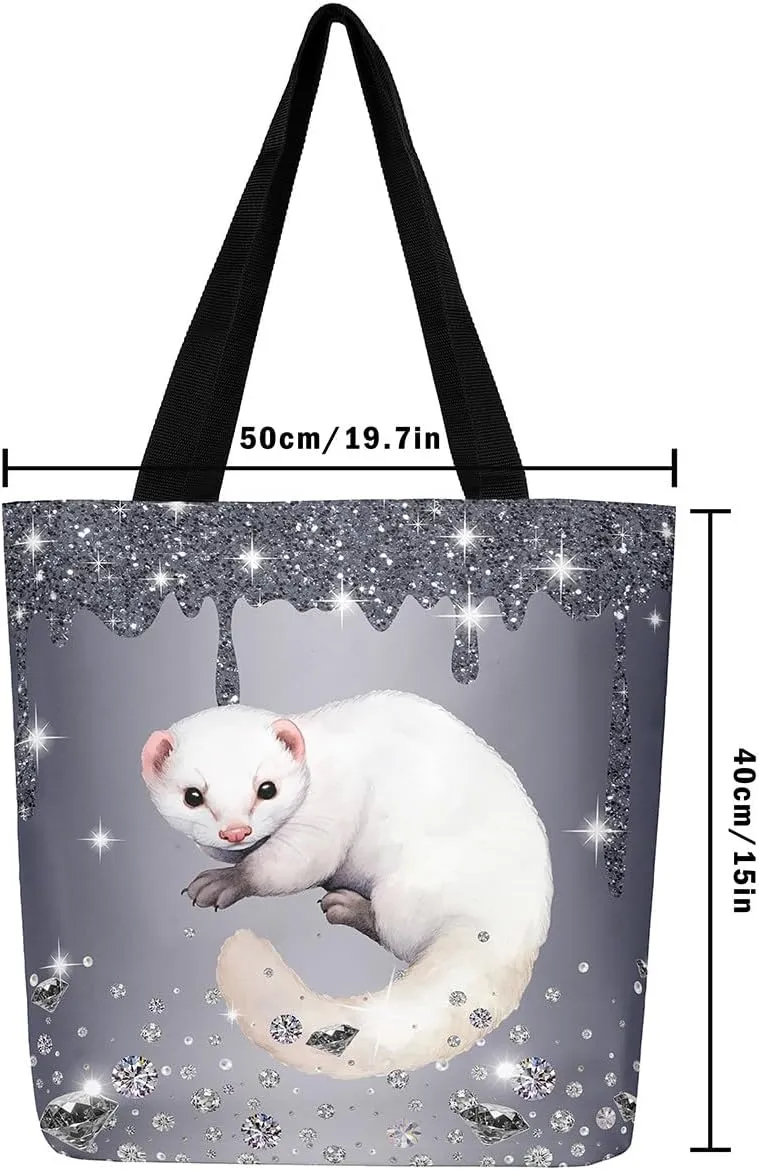 Little Cat Canvas Tote Bag,Sequin Fluid Art Travel Shopping Bag,Diamond Handbag Cute Pet Animal Kawaii Room Decor