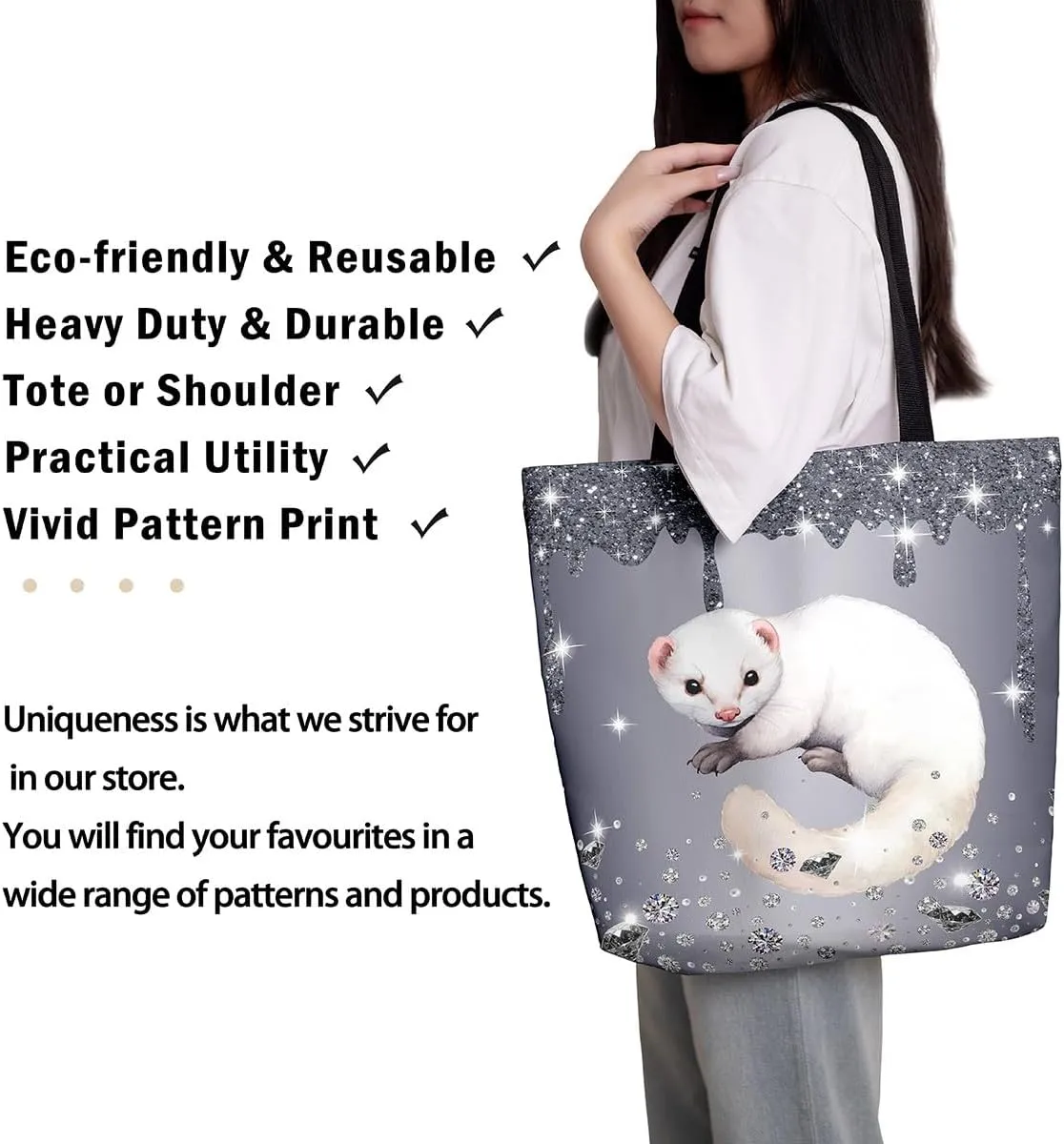 Little Cat Canvas Tote Bag,Sequin Fluid Art Travel Shopping Bag,Diamond Handbag Cute Pet Animal Kawaii Room Decor